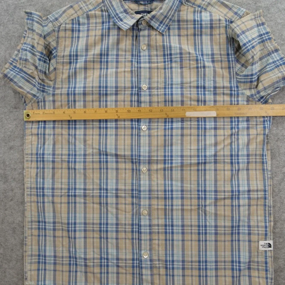 The North Face Shirt Mens Large Blue beige Plaid Short Sleeve Button Up Hiking